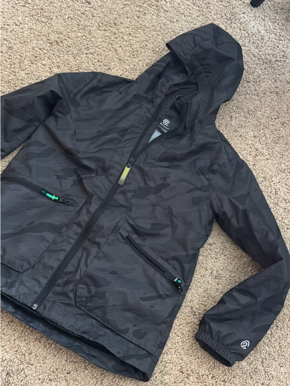 Champion Black Camouflage Hooded Rain Jacket with Teal Accents